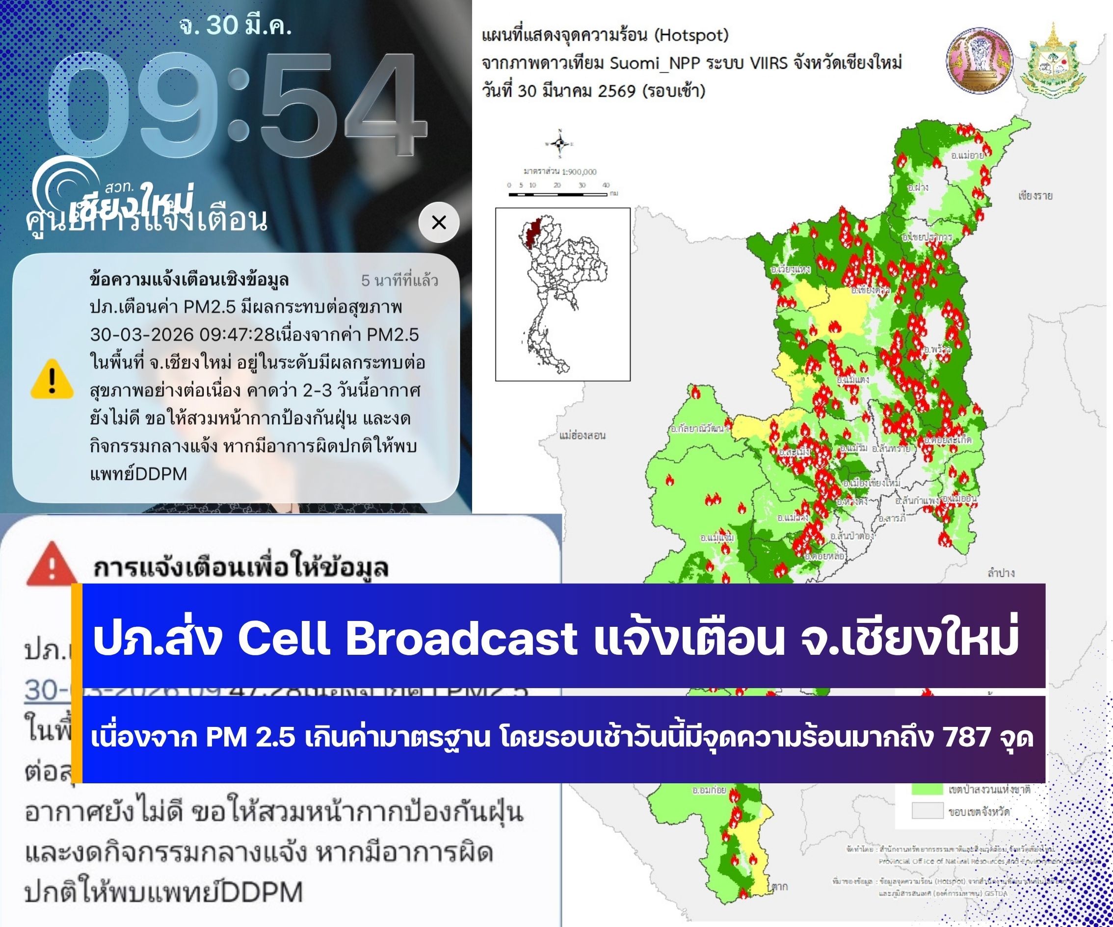 ปภ.ส่ง Cell Broadcast เตือนค่า PM2.5 ในพื้นที่เชียงใหม่มีผลกระทบต่อสุขภาพ
