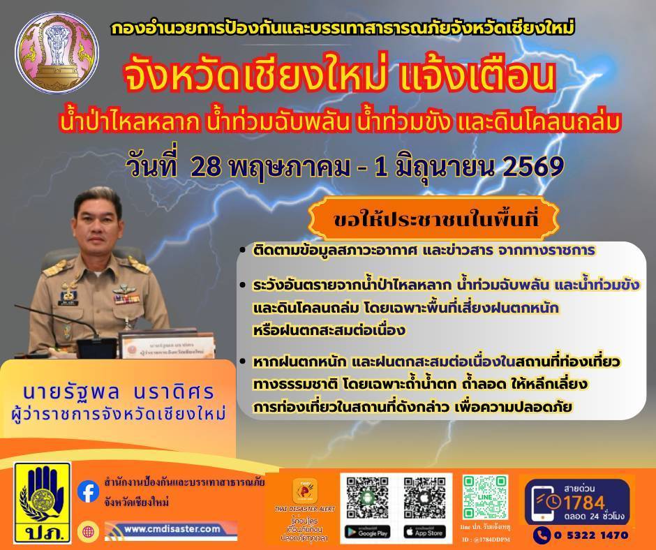 เชียงใหม่เฝ้าระวังฝนตกหนัก 29 พ.ค. &ndash; 1 มิ.ย. 2569